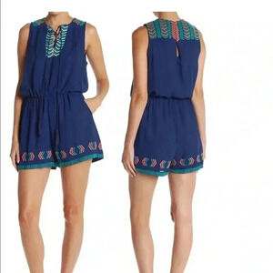 NWT Adelyn Rae Embroidered Romper Navy Turquoise Sz M